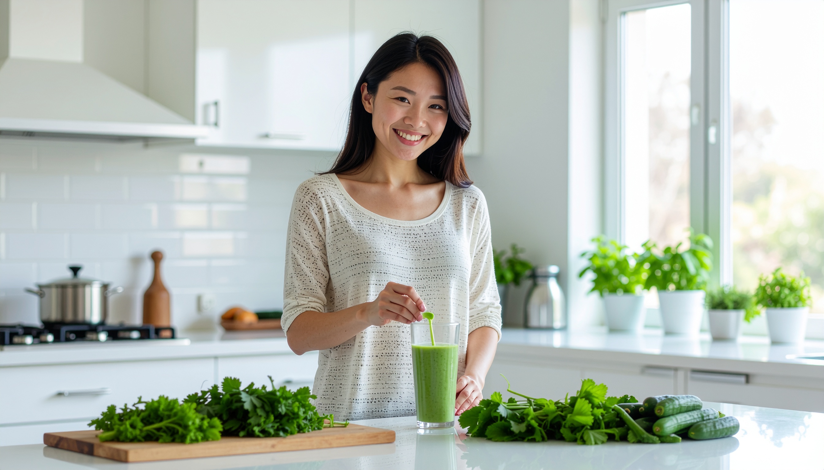 Modern Kitchen with White and Green Tones, Woman Smiling Preparing Green Smoothie